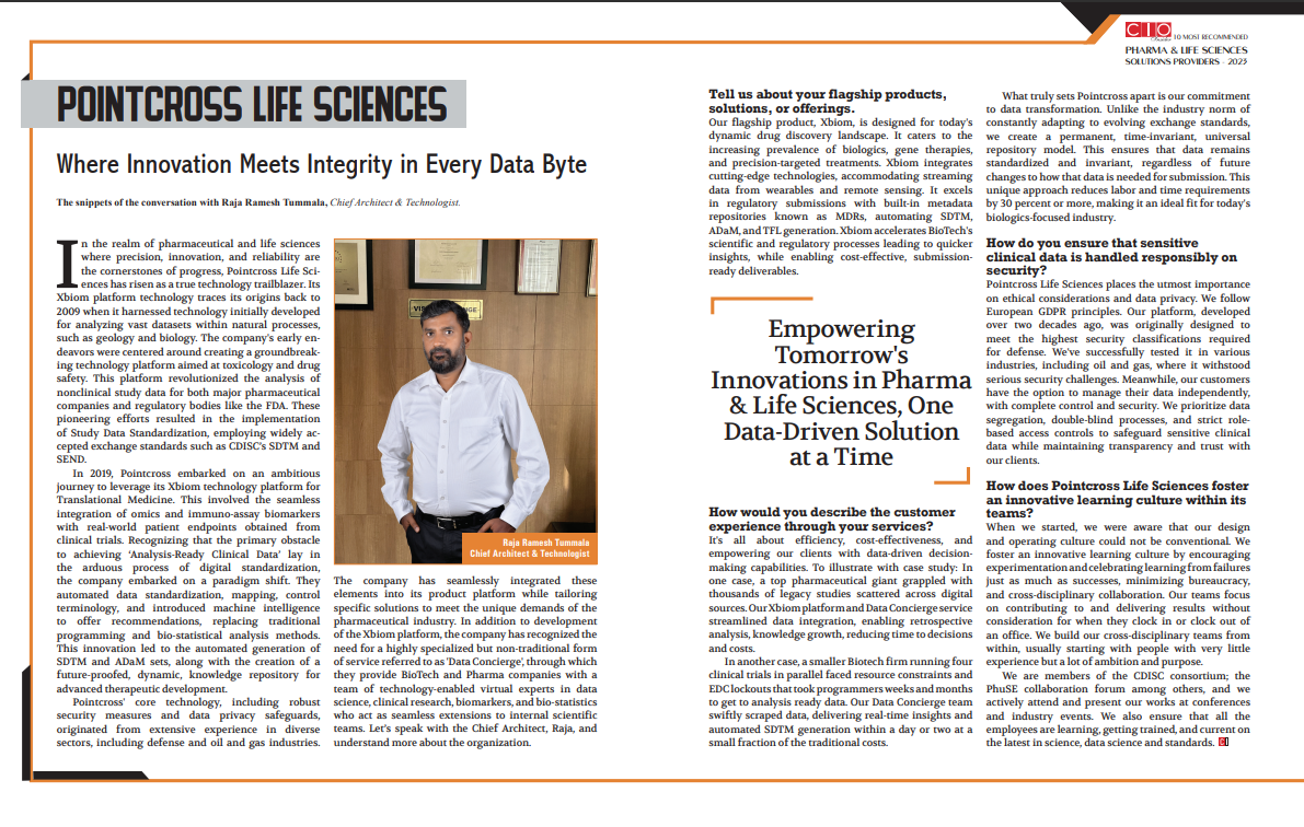 PointCross Life Sciences, recognized as one of the "10 Most Recommended Pharma & Life Sciences Technology Companies – 2023" 