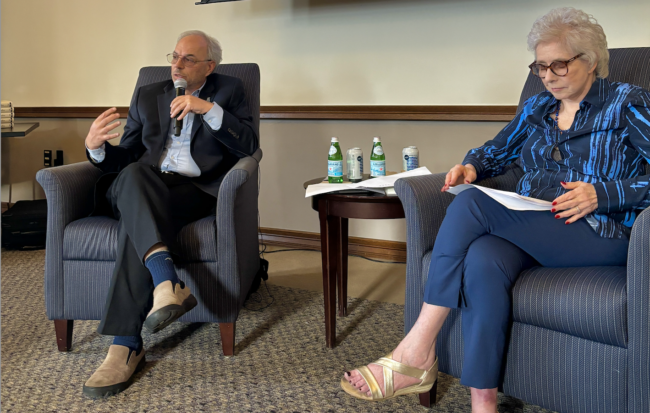 Carl Safina and Claudia Dreifus talk owls at Columbia's Butler Library.