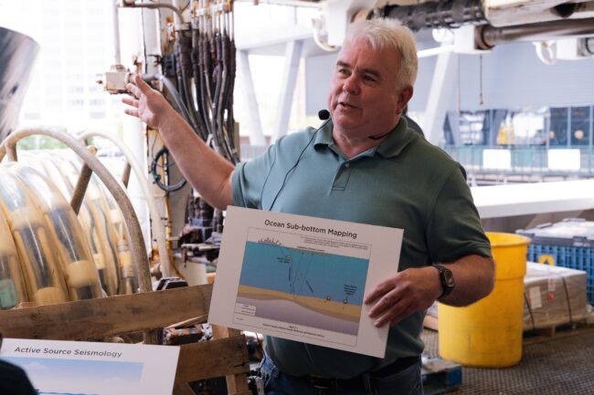 Sean Higgins explains how the Langseth maps the sub-seabed. Photo by Francesco Fiondella