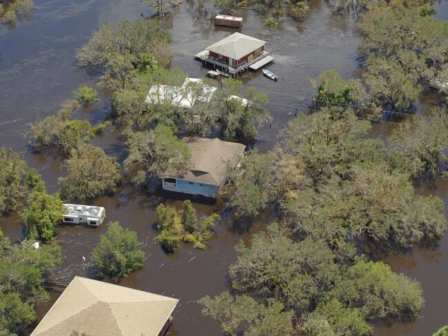 A aerial photo of flooded homes 