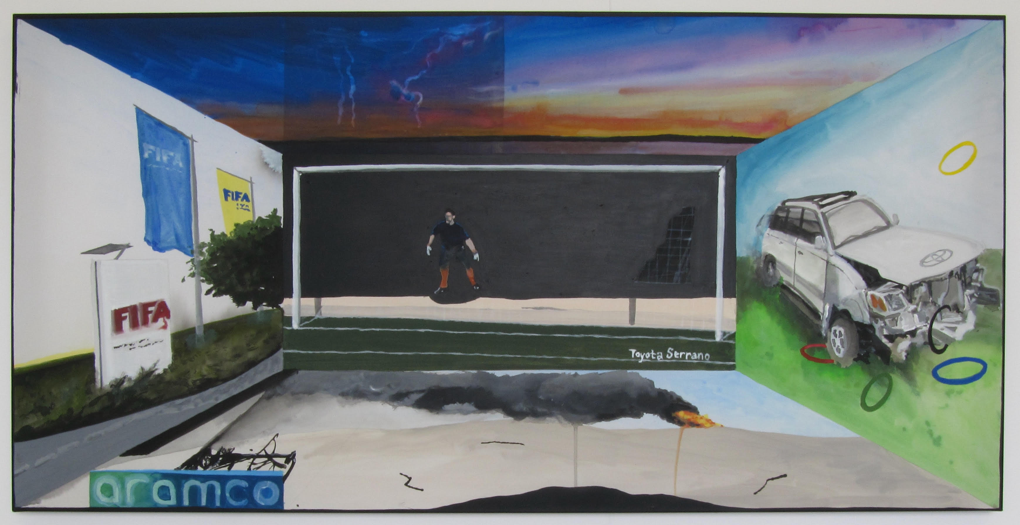 'Own Goal', commissioned by the Badvertising campaign from Judith Dean, 2024, acrylic on found polyester, 122 x 61cm (Photo courtesy of the artist and South Parade, London)