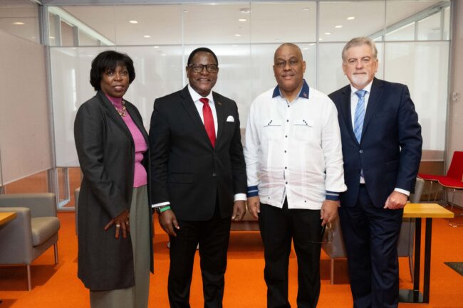 World Leaders Forum panelists. From left to right: Ambassador Ertharin Cousin; Lazarus Chakwera; Garry Conille; Glenn Denning. Photo: Diane Bondareff