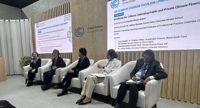 A COP29 panel featuring director of the Columbia Center on Sustainable Investment, Lisa Sachs