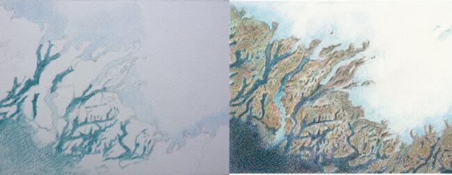 side by side preliminary and final pencil sketches of glaciers