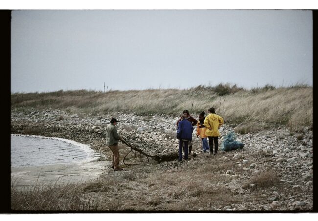 Students walk on shoreline