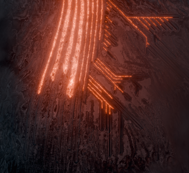 Simulated lava flowing in channels of a hypothetical lava molding facility
