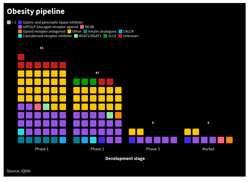 The obesity pipeline mainly consitsts of 1s5-3rd generation incretin combination therapies expected to decrease the BMI by 15, 17 and 22%, respectively. However, oral formulations and other drugs complementing the effect of GLP1 receptor agonists are coming up.
